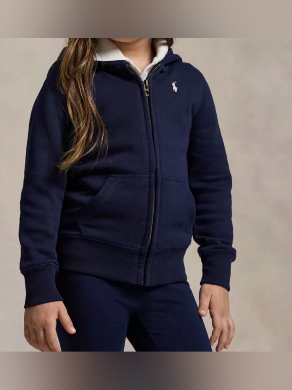 Polo by Ralph Lauren Girls' Navy Zip-Up Hoodie with White Lined Hood new without